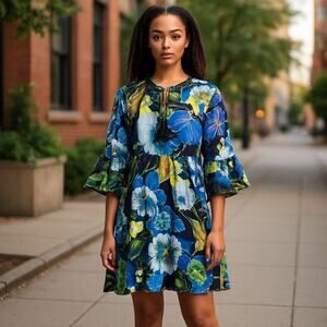 Johnny‎ Was Jenn High-Low Mini Dress Blue Floral Medium Semi Sheer NEW